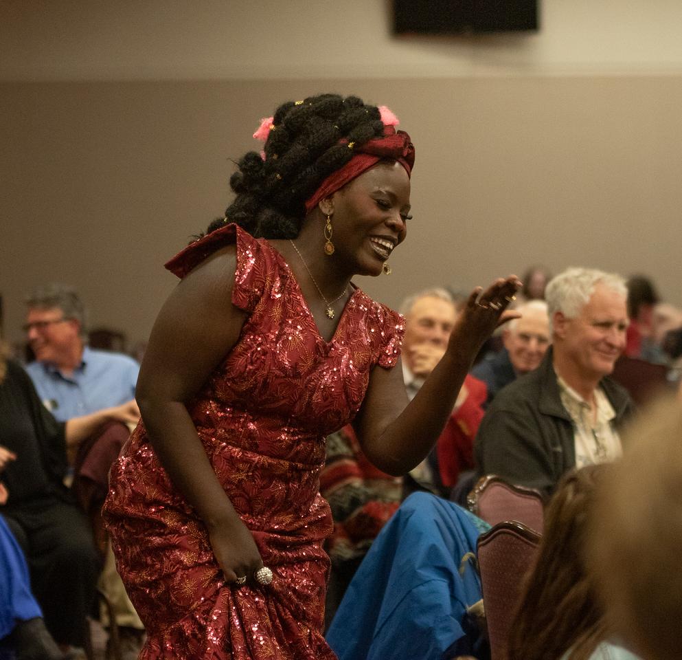 Woman in dress in crowd